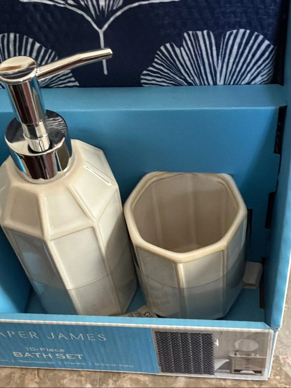Draper James Navy and White Ceramic  Bath Set With Shower Curtain